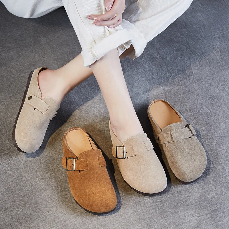 High Fashion Footwear Women Retro Suede Leather Flat Casual Mules