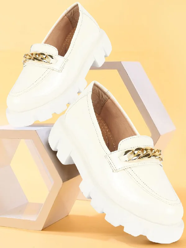 Casual Walking Boots Women White Patent Leather Shiny Chain Buckle Classic Casual Slip On Loafer Shoes