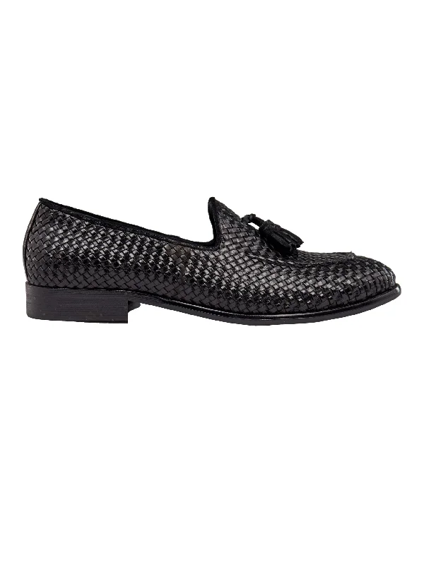 Classic Hiking Boots BLACK WOVEN LEATHER TASSEL LOAFER