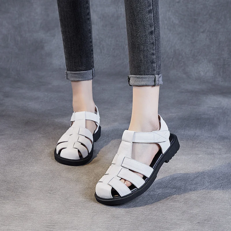 Leather Casual Shoes Women Summer Minimalist Plaited Leather Flat Casual Sandals