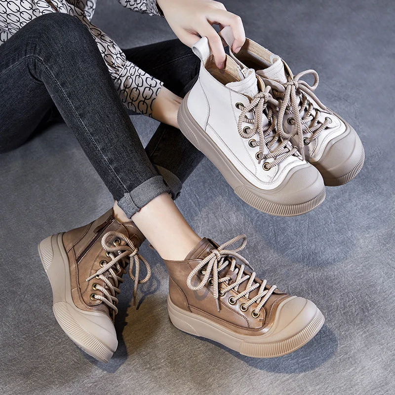 Sporty Casual Shoes Women Fashion Solid Leather Lace-up Ankle Boots