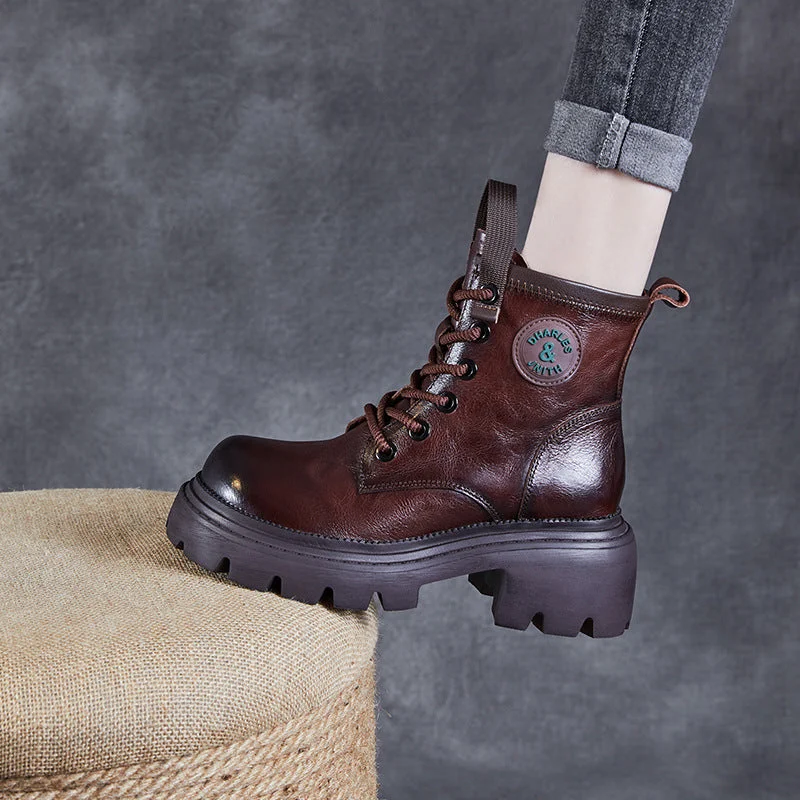 Comfortable Sports Shoes Women Vintage Leather Thick Soled Combat Boots