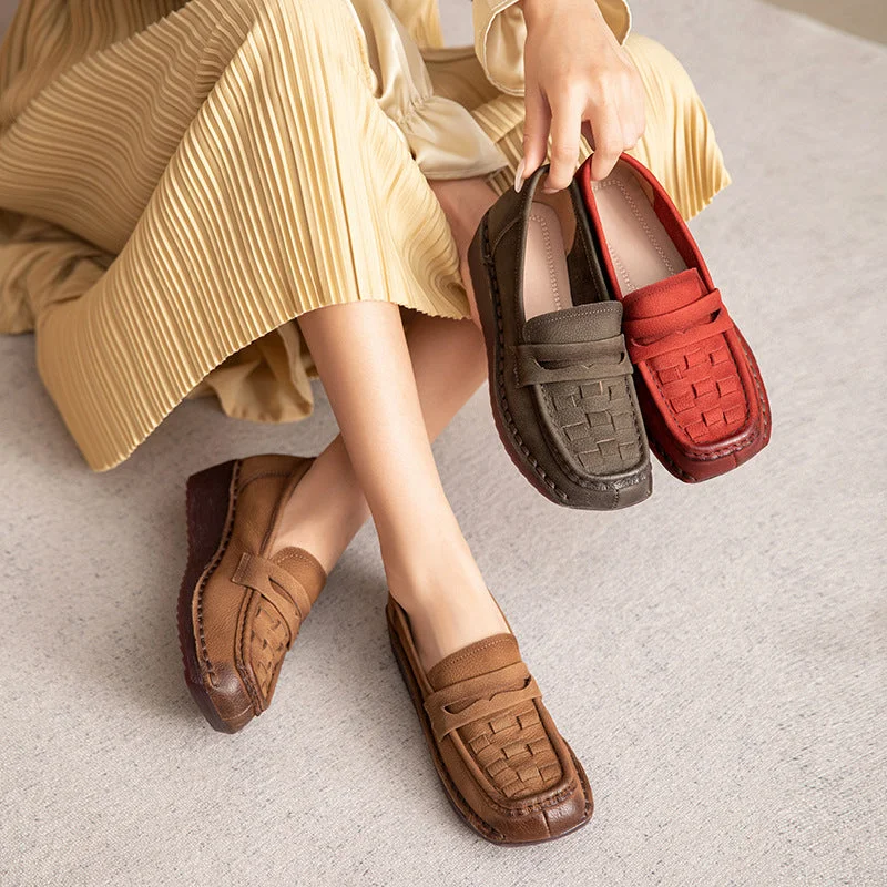 Cozy Casual Shoes Women Solid Plaited Soft Leather Casual Loafers