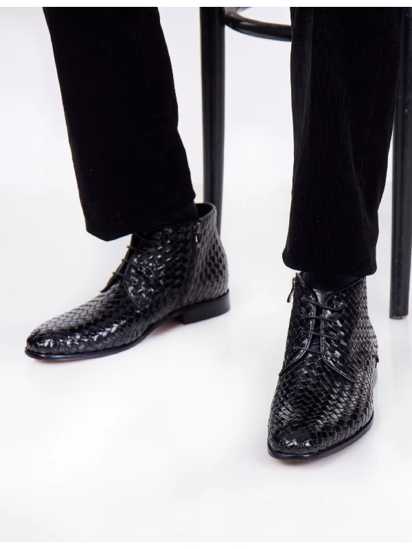 Comfortable Dress Shoes BLACK LEATHER WOVEN BOOTS