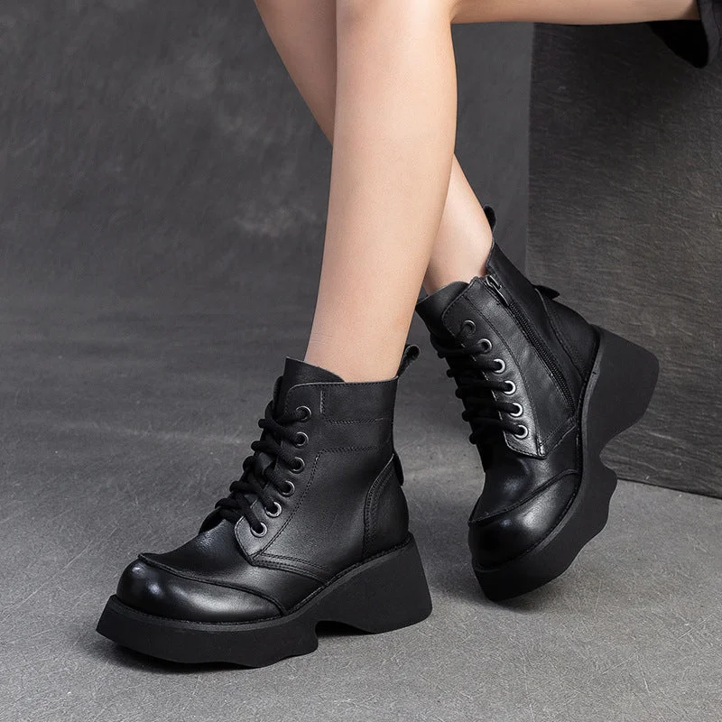 Classic Flat Shoes Women Retro Solid Leather Platform Boots