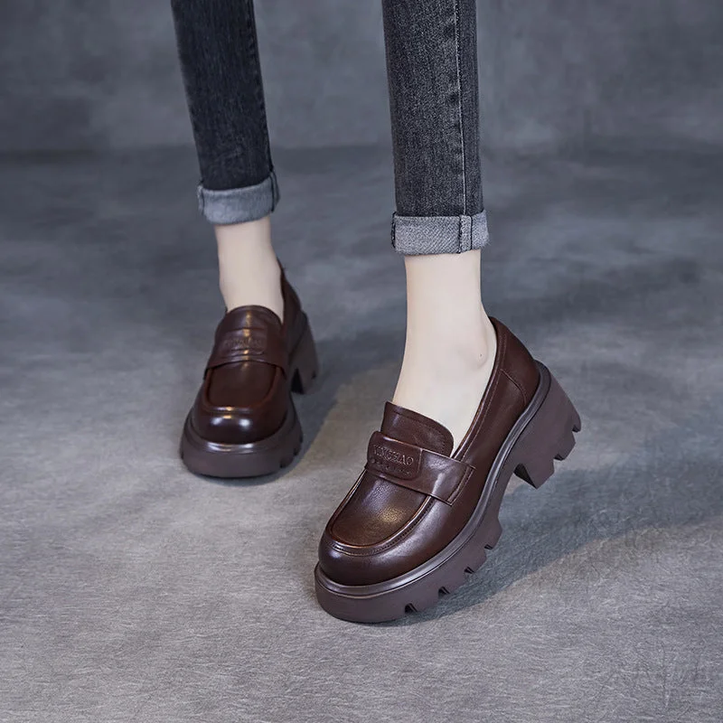 Durable Work Boots Women Minimalism Solid Leather Chunky Heel Loafers