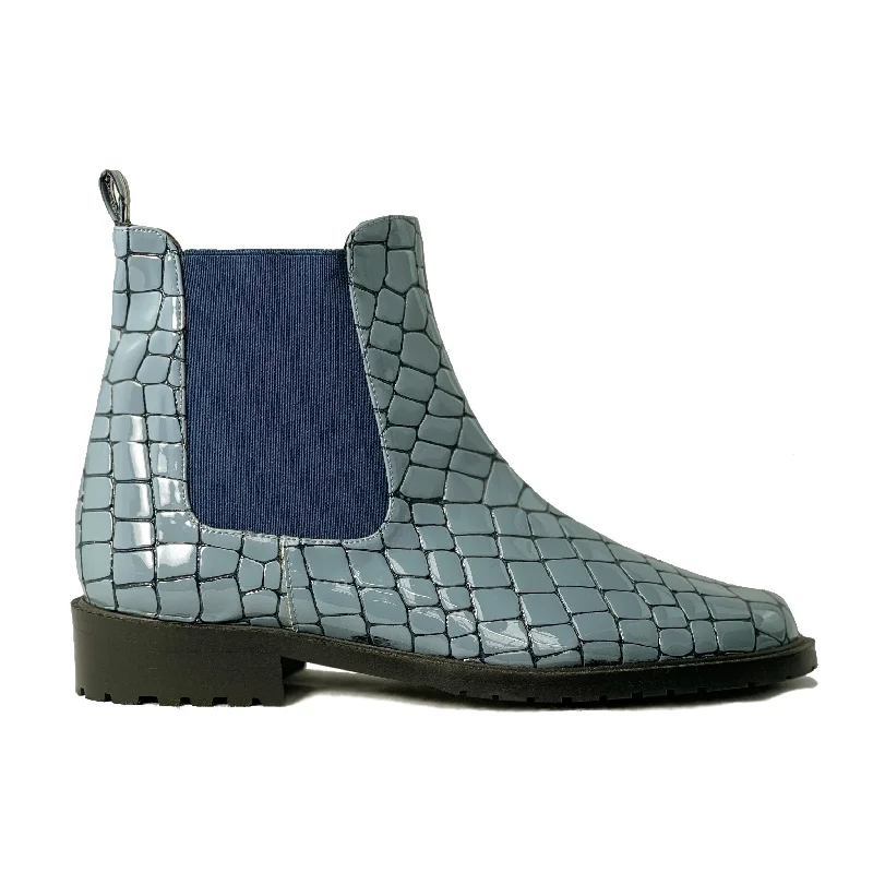 Stylish Boots For Sale 'Jelsea' blue patent croc vegan Chelsea boot by Zette Shoes