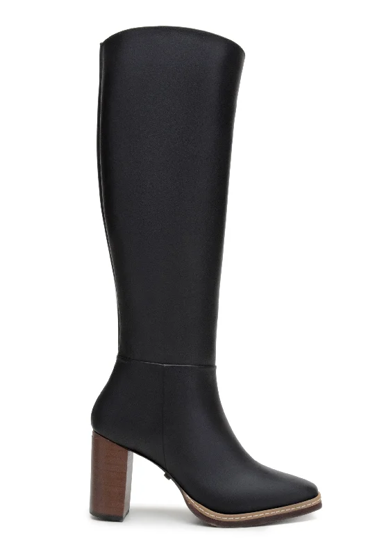 Fashionable Hiking Shoes 'Lucinda' vegan leather knee-high boot with high heel by Zette Shoes - black