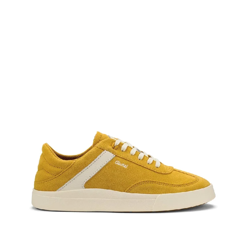 Best Walking Shoes OluKai Women's Hā‘upu Leather Lace Sneaker in Mustard/Off White